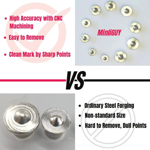 Comparison of Ten Piece Stainless Steel Dowel Pin Center Tool Set for Woodworking vs ordinary steel, highlighting sharp points and easy removal.