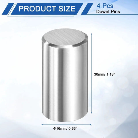 Durable 316L Stainless Steel Dowel Pins Set, 4 Pcs, 16mm Diameter By 30mm Length, Silver Tone, Cylindrical Design for Furniture