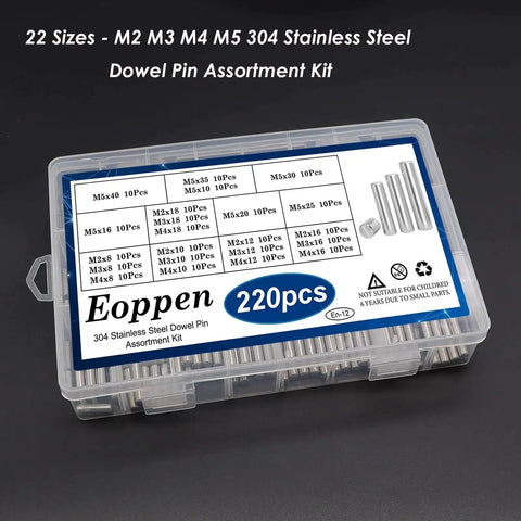 Premium 220 Pieces 304 Stainless Steel Dowel Pin Kit With 22 Sizes M2 M3 M4 M5 in clear organizer box