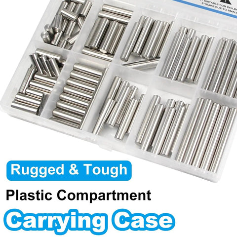 Premium 110 PC 304 Stainless Steel Dowel Pin Set in plastic case with M5 cylindrical shelf support pins, various sizes visible