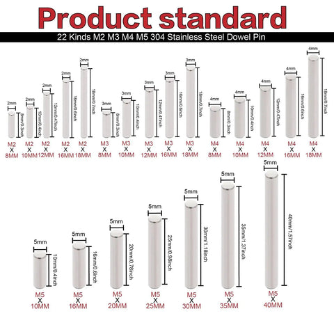 All In One 220 Piece 22 Sizes Stainless Steel Dowel Pin Set M2 M3 M4 M5 304 Pins size chart for shelves and fasteners