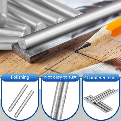 Close-up of Heavy Duty Stainless Steel Dowel Pins Six Pack Three Eighths Inch Diameter By Three Inches 304 Grade with chamfered ends.