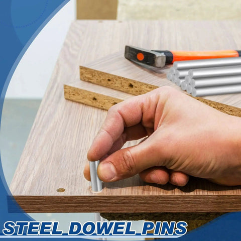 Hand aligning Heavy Duty Stainless Steel Dowel Pins Six Pack Three Eighths Inch Diameter By Three Inches 304 Grade with board