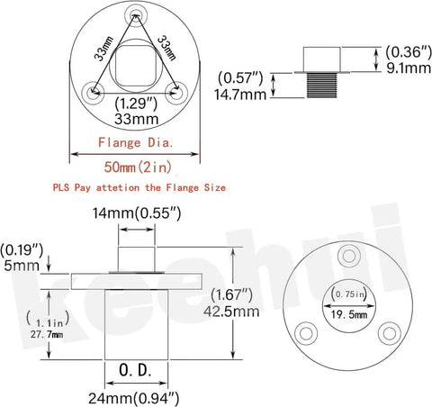 Technical diagram of Beefy Heavy Duty 316 Stainless Steel Garboard Drain Plug Kit For Boats, 2 Inch Flange, Half Inch NPT Plug