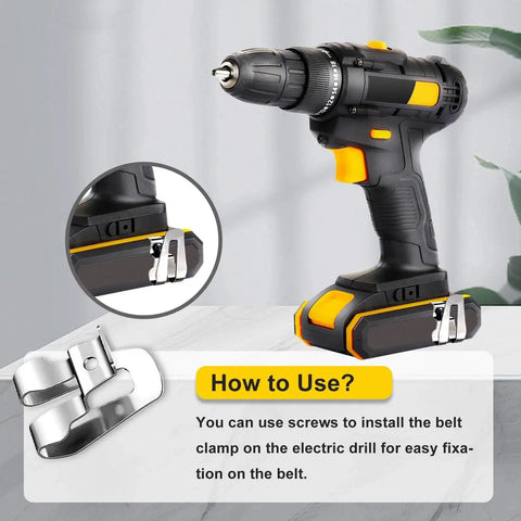 Durable 304 Stainless Steel Belt Clip Set Includes Four Replacement Hooks With Screws For Ryobi And Ridgid 18V Tools Enabling Secure Belt Wall Or Shelf Mounting For Quick Hands Free Access To Drills And Accessories shown on a drill.