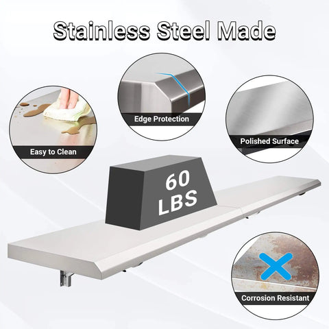 Drop Down Concession Shelf 48 By 12 Inches Stainless Steel Foldable Stand Shelf with 60 lb weight capacity, easy to clean and corrosion resistant.