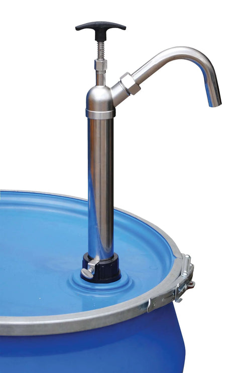 Vestil LDP-SS-316 Bung Stainless Steel Hand Drum Pump 2 In. Silver installed on blue 55-gallon drum