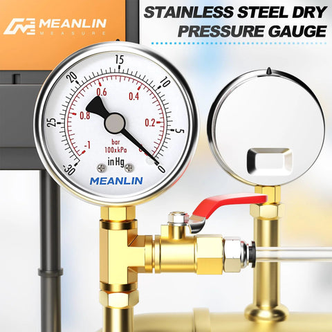 Vacuum gauge, Meanlin Measure, 2-inch dial, stainless steel body, 1/4" NPT with brass fittings