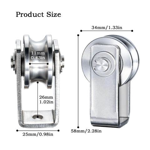 Dual-bearing cable pulley wheel set for rope systems, wall or ceiling mounted, quiet operation using two 608 bearings, stainless steel