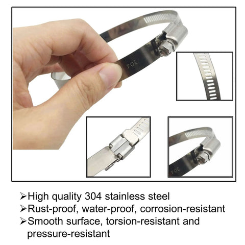 Adjustable 304 stainless steel duct clamps set for 4 inch hoses shown with close-up details and rustproof properties.