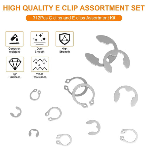 High quality 312 piece retaining ring kit with E clips and external C clips in 304 stainless steel for mechanical projects.