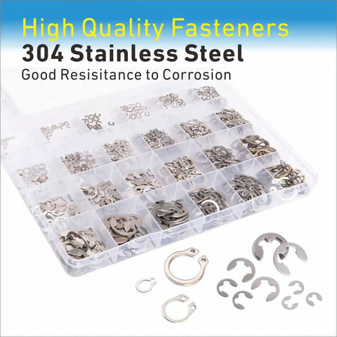All In One Heavy Duty E Clips And C Clips Retaining Rings Kit In 304 Stainless Steel With 327 Pcs in 24 sizes displayed in a transparent box