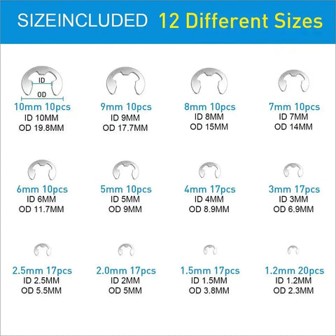 Diagram showing All In One Heavy Duty E Clips And C Clips Retaining Rings Kit In 304 Stainless Steel With 327 Pcs, 12 sizes listed.