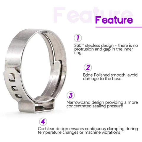 304 Stainless Steel Single Ear Hose Clamp Kit 35Pcs 15.3mm 18.5mm Crimp Ear Clamps Assortment close-up showing features