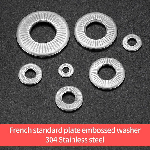 Conical Knurled Spring Washers Set, Stainless Steel, Coned Disc, M3-M12 assortment on black background
