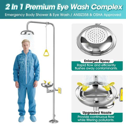 Industrial And Commercial 304 Stainless Steel Combination Emergency Eye Wash And Full Body Shower Station With NPT Thread And Emergency Sign, ANSI Z3581 2014 Compliant Two In One Safety Eyewash System For Hazardous Materials And OSHA Worksites, shown in use with detailed enlarged spray and nozzle features.