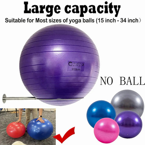 Wall Mounted Stainless Steel Exercise Ball Holder with yoga balls in varying colors and sizes, large capacity, 15-34 inch