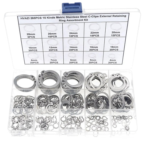265 Piece Metric Stainless Steel C Clips External Retaining Ring Assortment Kit Includes 15 Sizes With Nominal Diameters 4Mm Through 20Mm For Quick On Hand Fixes Circlips Retaining Rings Automotive Plumbing Machinery Repairs HVAZI