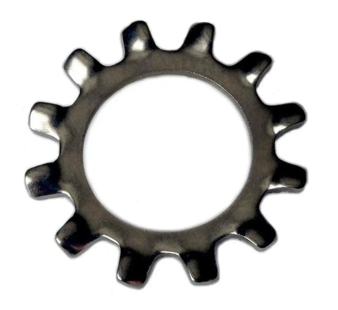 1/4 Inch Stainless Steel External Tooth Lock Washer from Pack of 100, close-up view showing external teeth design.