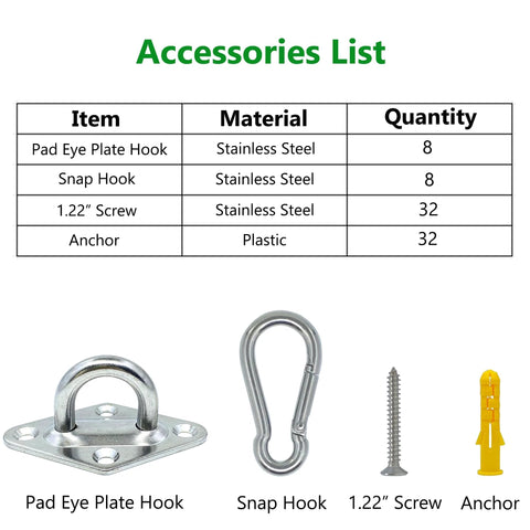 Eight Pcs 304 Stainless Steel Pad Eye Hooks And Eight Pcs Snap Hooks Set With Screws And Anchors For Ceiling And Outdoor Use