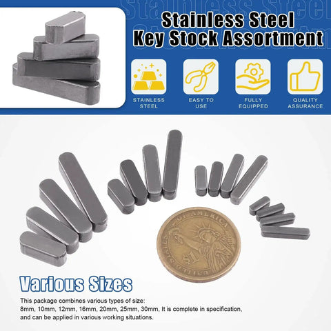 Stainless steel key stock assortment with various sizes displayed next to a coin. Feather Key Stock Set 140Pcs in 16 Sizes.