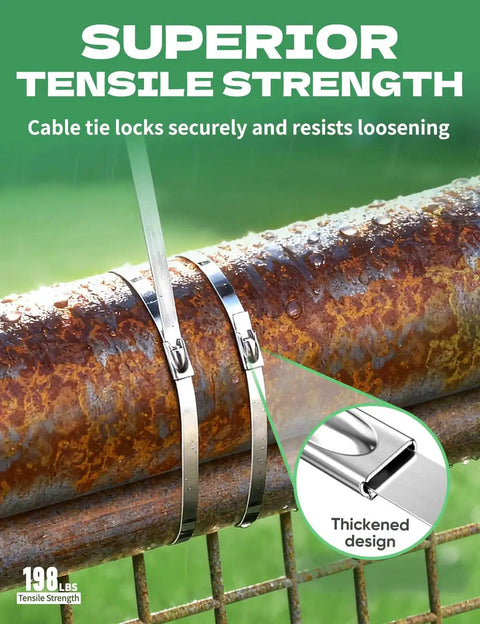 Heavy Duty Stainless Steel Fence Ties 11.8 Inch for Chain Link Fence Chicken Coop Dog Fence with reinforced locking head on rusty pipe