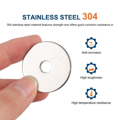 Hand holding Stainless Steel Fender Washer 1/4 ID x 1-1/4 OD 0.06 Thick, showcasing anti-corrosion and high toughness features.