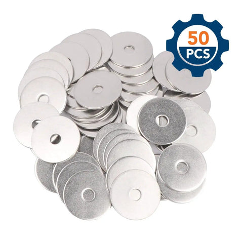 Stainless Steel Fender Washers 1/4 ID x 1-1/4 OD 0.06 Thick Pack Of 50 laid out in a pile with 50 pieces badge visible