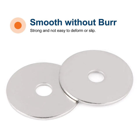 Two flat stainless steel fender washers 1/4 ID x 1-1/4 OD 0.06 thick, smooth surface without burr, pack of 50, shown close-up.