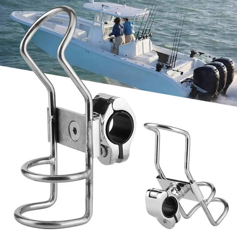 Front view of two stainless steel fishing rod holders with 360-degree rail-mount clamps.