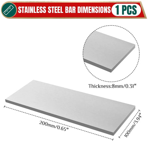 Beefy 304 Stainless Steel Flat Bar Five Sixteenth Inch Thick By 4 Inch Wide And Eight Inch Long For Fabrication Crafts Repair And DIY Projects With 2B Finish Durable Metal Stock By Uxney with dimensions shown