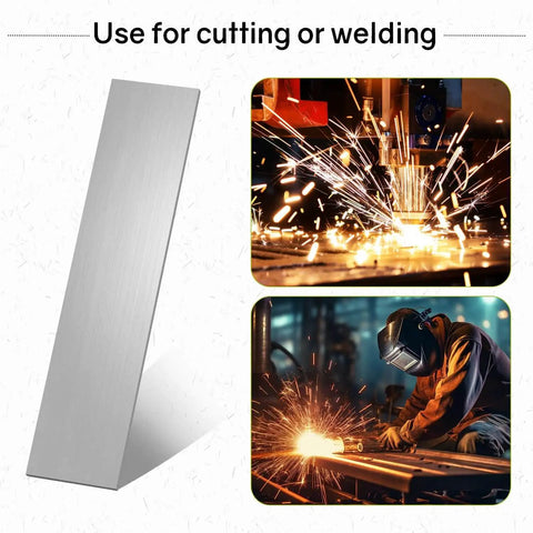 Two 316 Stainless Steel Flat Bar Pieces, 1/8 Inch Thick, 1-31/32 Inch Wide, 12 Inch Long with images of metal cutting and welding.