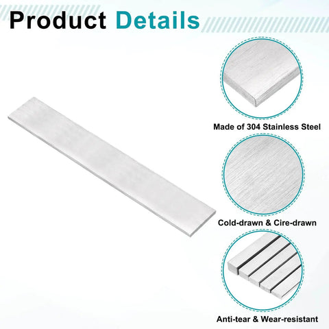 Stainless Steel Flat Bar Quarter Inch Thick By Two Inch Wide Twelve Inch Long With Heavy Duty Brushed Finish Trim Strip For Kitchen Diy Crafts 304 Grade Silver Tone uxcell, shown with material and feature details.