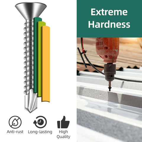 Diagram of 250pcs #10 x 1 410 Stainless Steel Flat Head Self Drilling Screws with drill, highlighting anti-rust and high quality.