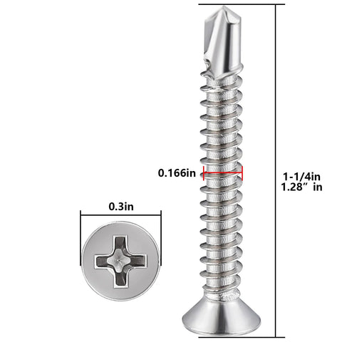 250pcs #8 x 1-1/4 Inch Flat Head Self Tapping Sheet Metal Screws Stainless Steel High Strength Quick Self Drilling Screws with Deep Threads