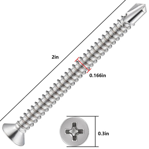 150pcs #8 x 2 Inch Flat Head Self Tapping Sheet Metal Screws Stainless Steel High Strength Quick Self Drilling Screws with Deep Threads