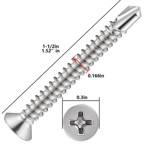 200pcs #8 x 1-1/2 Inch Flat Head Self Tapping Sheet Metal Screws Stainless Steel High Strength Quick Self Drilling Screws with Deep Threads
