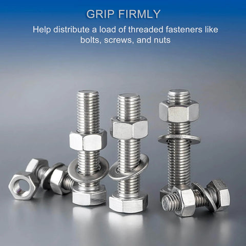 M3x6mmx0.5mm Stainless Steel Round Flat Washer for Bolt Screw 100Pcs shown with bolts and nuts