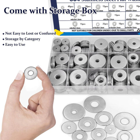290Pcs Flat Washers, 304 Stainless Steel Fender Washers Assortment in storage box showing different sizes M3 to M12