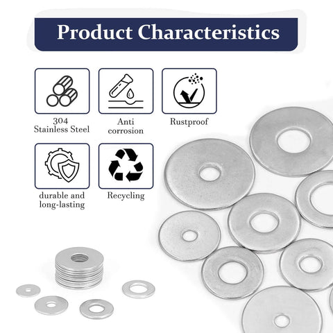 290Pcs Flat Washers, 304 Stainless Steel Fender Washers Assortment, durable and rustproof features, various sizes M3 to M12