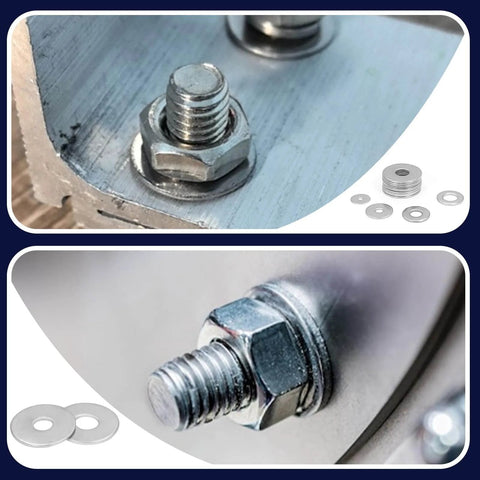 Close-up of 290Pcs Flat Washers, 304 Stainless Steel Fender Washers Assortment installed on bolts, displaying 15 different sizes.