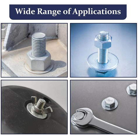 Close-up of 290Pcs Flat Washers, 304 Stainless Steel Fender Washers Assortment in different applications with bolts and nuts.