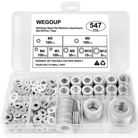 Stainless Steel Flat Washers Assortment, 18-8 (304) Stainless Steel Metric Washers, 547-Piece Set in Plastic Case