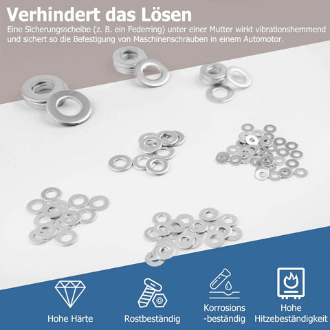 Stainless Steel Flat Washers Assortment, 18-8 (304) Stainless Steel Metric Washers, 547-Piece Set with washers displayed on surface.