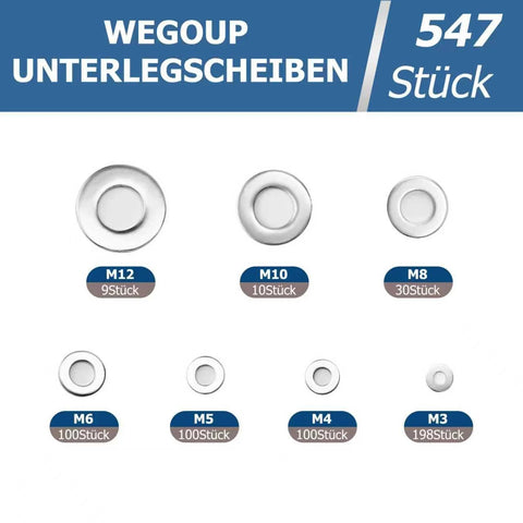 Variety of stainless steel washers from the Stainless Steel Flat Washers Assortment, 18-8 (304) Stainless Steel Metric Washers, 547-Piece Set.