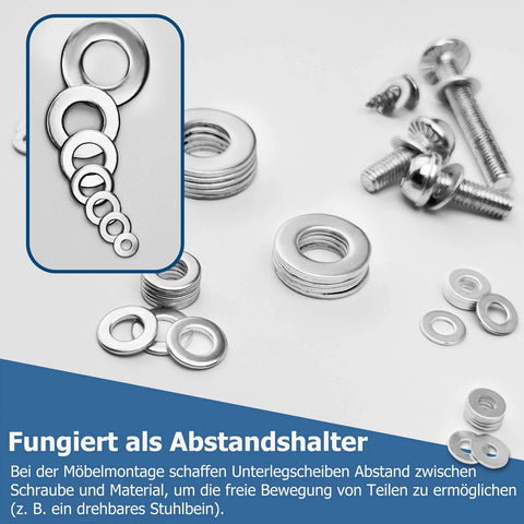 Stainless Steel Flat Washers Assortment, 18-8 (304) Stainless Steel Metric Washers, 547-Piece Set with screws