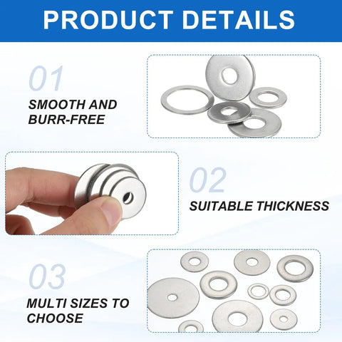 20 Pcs M5 Stainless Steel Flat Washers Set For Screws Bolts Plumbing Automotive And Electrical Projects, shown with size details.