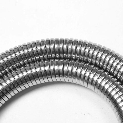 Close-up of Stainless Steel Flexible Metal Hose 18.5 Inch For Commercial Pre Rinse Kitchen Sink Faucets Replacement showing coiled design