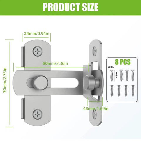 Dimensions of the 90 Degree Bifold Flip Door Latch in Stainless Steel 304, shown with mounting hardware included.