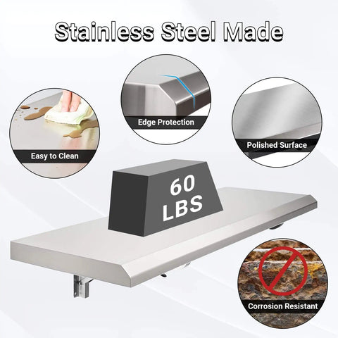 Foldable Concession Shelf for Snack Bars and Carts, 36 by 12 Inches, Stainless Steel, showing 60 lbs capacity and corrosion resistance